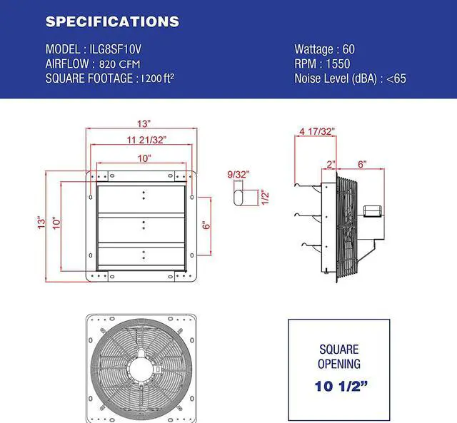Alt view image 2 of 12 - iLIVING 10 Inch Variable Speed Shutter Exhaust Fan, Wall-Mounted, 820 CFM, 1200 SQF Coverage Area  (Power Cord Not Included)