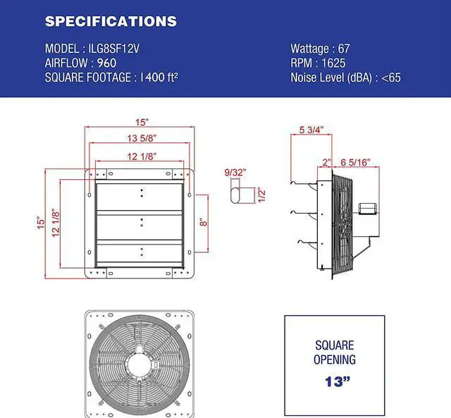 Alt view image 2 of 7 - iLIVING 12 Inch Variable Speed Shutter Exhaust Fan, Wall-Mounted, 960 CFM, 1400 SQF Coverage Area (Power Cord Not Included)