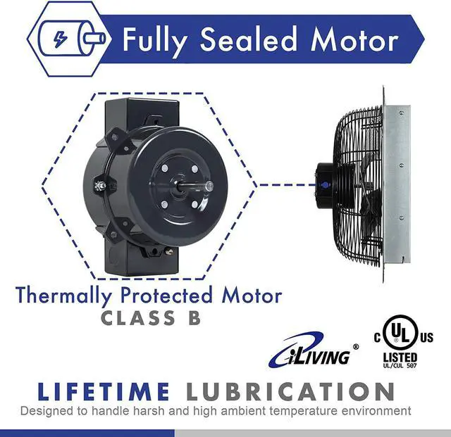 Alt view image 3 of 7 - iLIVING 12 Inch Variable Speed Shutter Exhaust Fan, Wall-Mounted, 960 CFM, 1400 SQF Coverage Area (Power Cord Not Included)