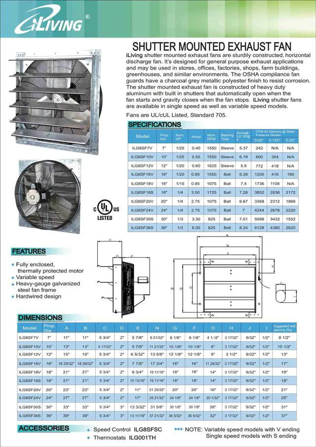 Alt view image 5 of 7 - iLIVING 12 Inch Variable Speed Shutter Exhaust Fan, Wall-Mounted, 960 CFM, 1400 SQF Coverage Area (Power Cord Not Included)