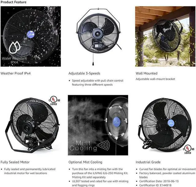 Alt view image 4 of 13 - iLIVING 18-Inch Wall Mounted Variable Speed Indoor/Outdoor Weatherproof Fan, 6360 CFM, Black