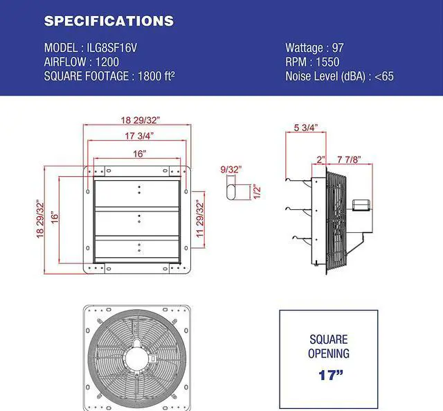 Alt view image 2 of 4 - iLIVING 16 Inch Variable Speed Shutter Exhaust Fan, Wall-Mounted, 1200 CFM, 1800 SQF Coverage Area (Power Cord Not Included)