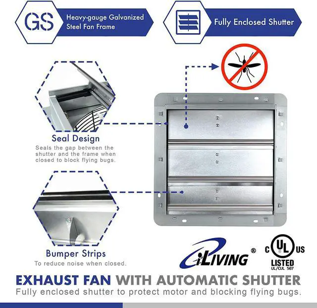 Alt view image 3 of 4 - iLIVING 16 Inch Variable Speed Shutter Exhaust Fan, Wall-Mounted, 1200 CFM, 1800 SQF Coverage Area (Power Cord Not Included)