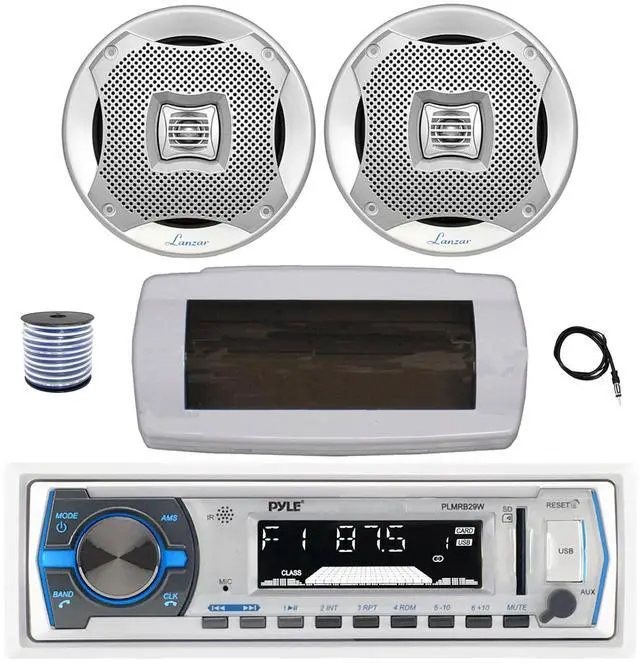 Main image of Pyle PLMRB29W Single DIN Bluetooth Marine MP3 AM/FM Stereo Receiver with White Cover, 22" Radio Antenna, Wire, 2x 6.5" 400W Max 2-Way Water Resistant Audio Speakers (Silver)