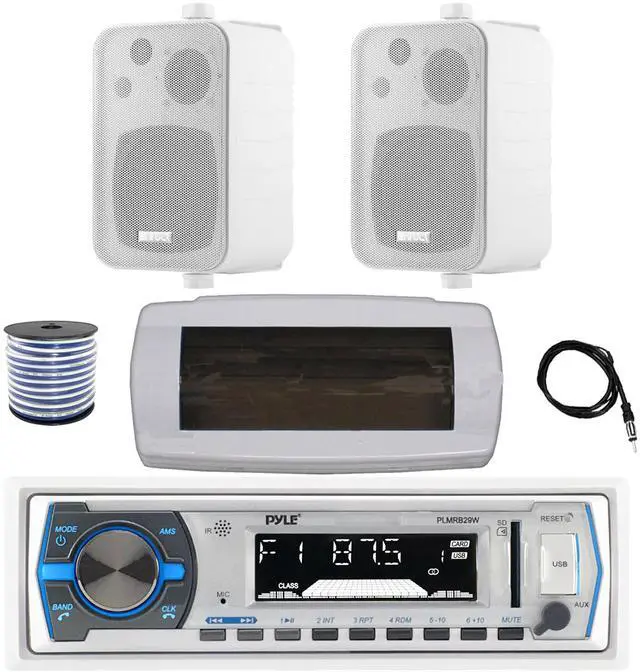 Main image of Pyle PLMRB29W Single DIN Bluetooth Marine MP3 AM/FM Stereo Receiver with White Cover, 22" Radio Antenna, Wire, 2x 4" 30 Watt Peak Water-Resistant 3-Way InDoor/OutDoor Audio Speakers (White)