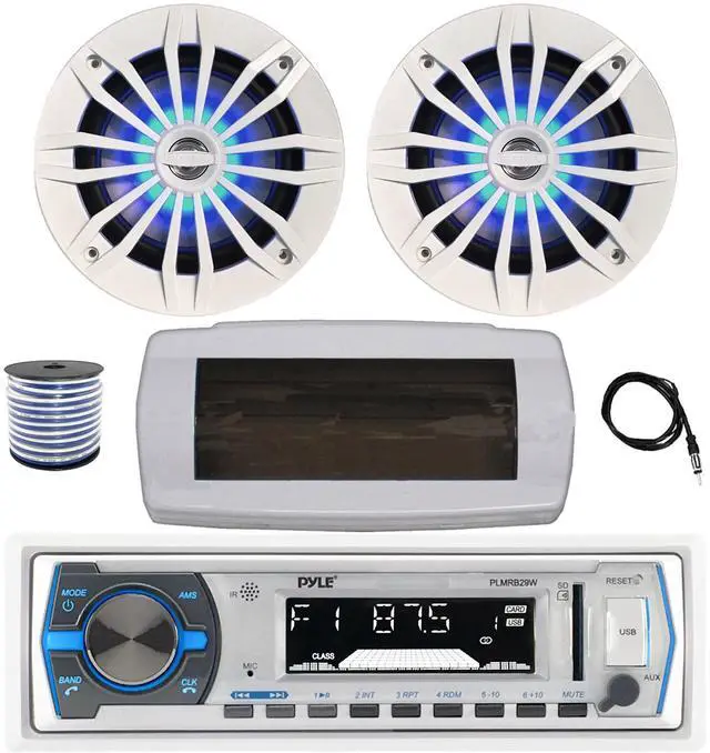 Main image of Pyle PLMRB29W Single DIN Bluetooth Marine MP3 AM/FM Stereo Receiver with White Cover, 22" Radio Antenna, Wire, 2x 6.5" 180 Watt Peak 2-Way Blue Flashing LED Boat Audio Speakers (White)