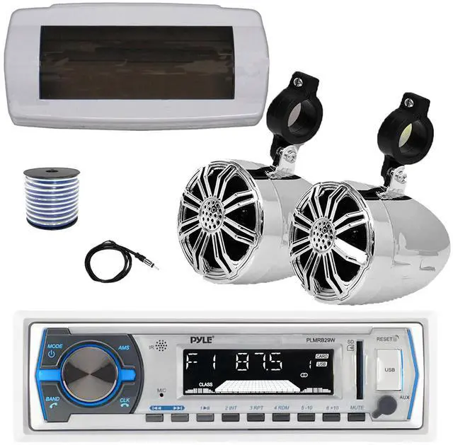 Main image of Pyle PLMRB29W Single DIN Bluetooth Marine MP3 AM/FM Stereo Receiver with White Cover, 22" Radio Antenna, Wire, 2x 2.25" 10W Max Full Range Waterproof Off-Road Audio Speakers (Chrome)