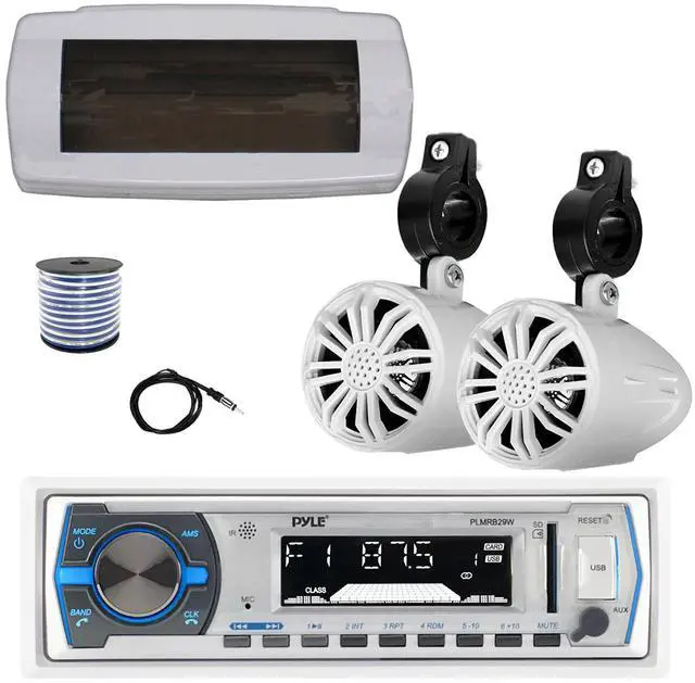 Main image of Pyle PLMRB29W Single DIN Bluetooth Marine MP3 AM/FM Stereo Receiver with White Cover, 22" Radio Antenna, Wire, 2x 2.25" 10W Max Full Range Waterproof Off-Road Audio Speakers (White)