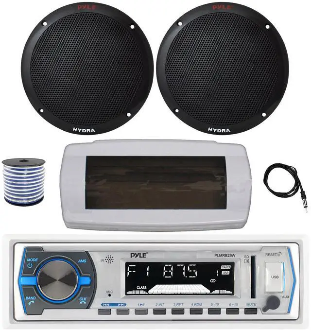 Main image of Pyle PLMRB29W Single DIN Bluetooth Marine MP3 AM/FM Stereo Receiver with White Cover, 22" Radio Antenna, Wire, 2x 6.5'' 400W Peak 2-Way Full Range Dual Cone Waterproof Stereo Speakers (Black)