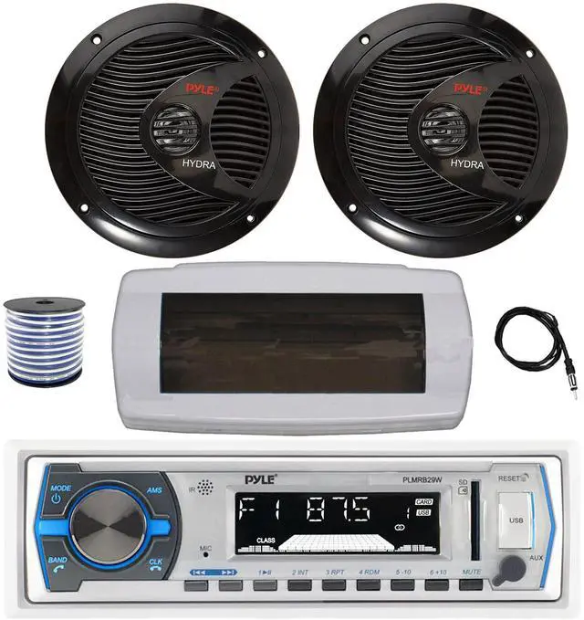 Main image of Pyle PLMRB29W Single DIN Bluetooth Marine MP3 AM/FM Stereo Receiver with White Cover, 22" Radio Antenna, Wire, 2x 6.5" 150 Watt Max Full Range Dual Cone Waterproof Stereo Speakers (Black)
