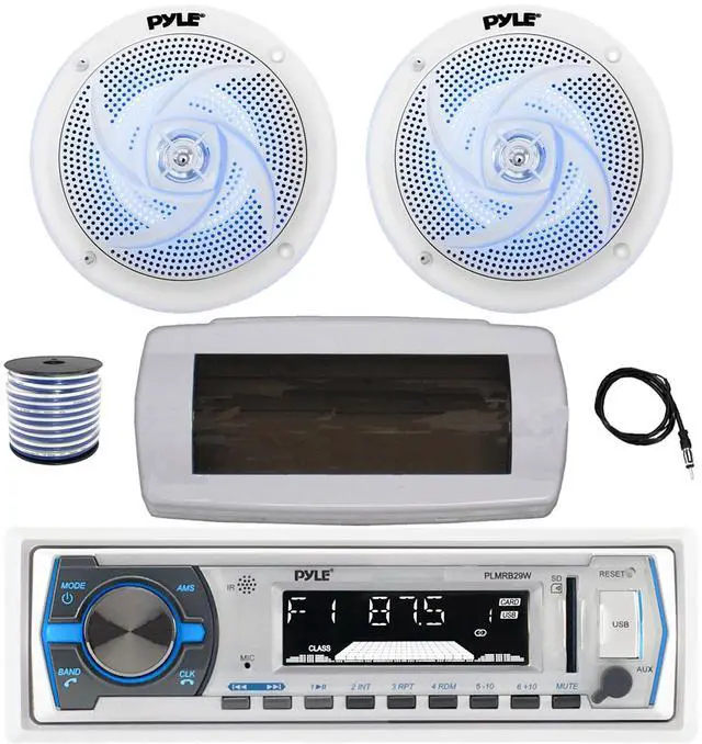 Main image of Pyle PLMRB29W Single DIN Bluetooth Marine MP3 AM/FM Stereo Receiver with White Cover, 22" Radio Antenna, Wire, 2x 6'' 240 Watt Peak Power  2-Way Blue Flashing LED Audio Speakers (White)