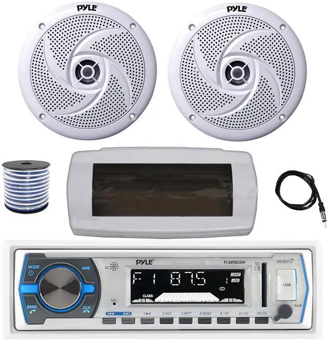 Main image of Pyle PLMRB29W Single DIN Bluetooth Marine MP3 AM/FM Stereo Receiver with White Cover, 22" Radio Antenna, Wire, 2x 8'' 320 Watt Max  2-Way Boat Audio Speakers (White)