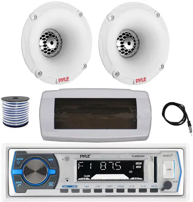 Main image of Pyle PLMRB29W Single DIN Bluetooth Marine MP3 AM/FM Stereo Receiver with White Cover, 22" Radio Antenna, Wire, 2x 1" 120 Watt Max Waterproof Audio Tweeters w/Crossover Network (White)