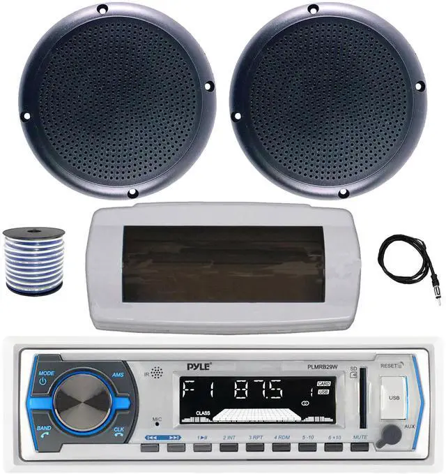 Main image of Pyle PLMRB29W Single DIN Bluetooth Marine MP3 AM/FM Stereo Receiver with White Cover, 22" Radio Antenna, Wire, 2x 5.25" 20 Watt Max Polycone Audio Speakers (Black, Bulk Packaging)