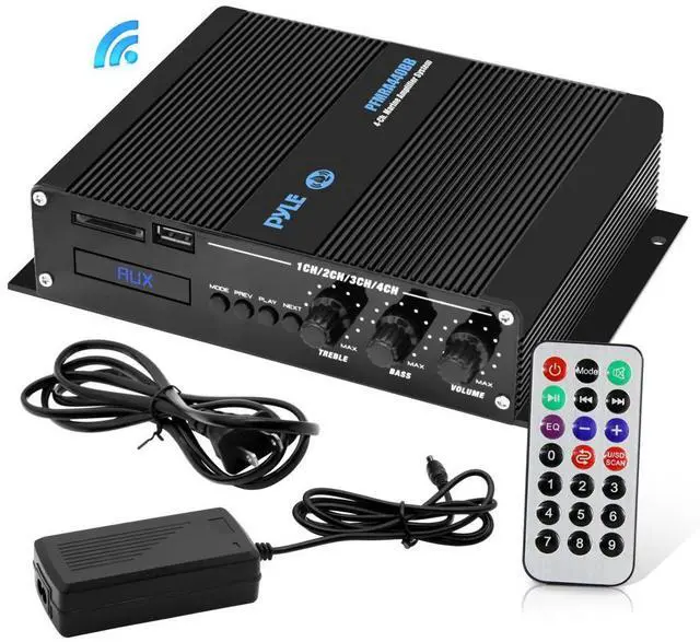 Alt view image 7 of 7 - Pyle PLMRB29W Single DIN Bluetooth Marine MP3 AM/FM Stereo Receiver, White Cover, Long Range Antenna, Amplifier w/Kit, 4x 8'' 320 Watt Max  2-Way Blue Flashing LED Boat Speakers (Black)