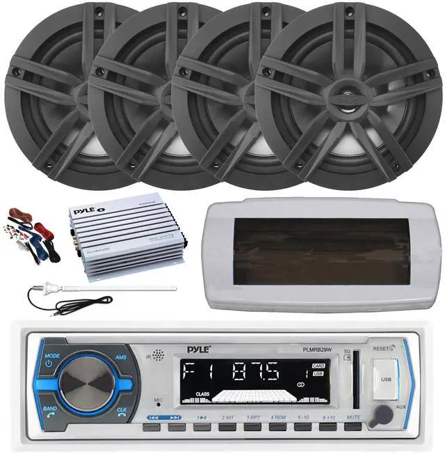 Main image of Pyle PLMRB29W Single DIN Bluetooth Marine MP3 AM/FM Stereo Receiver with White Cover, Long Range Antenna, Amplifier w/Kit, 4x 6.5" 180 Watt Max Power 2-Way Water Resistant Audio Speakers (Black)