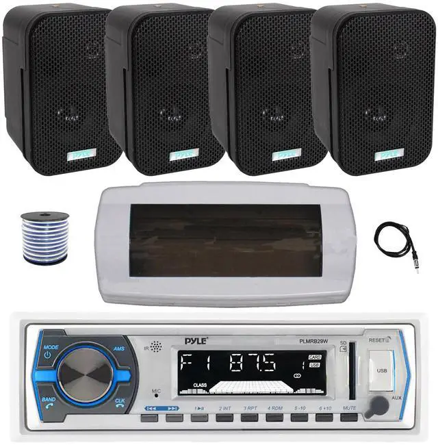 Main image of Pyle PLMRB29W Single DIN Bluetooth Marine MP3 AM/FM Stereo Receiver with White Cover, 22" Radio Antenna, Wire, 4x 3.5" 300W Max Indoor/Outdoor Waterproof Wall Mount Speakers (Black)