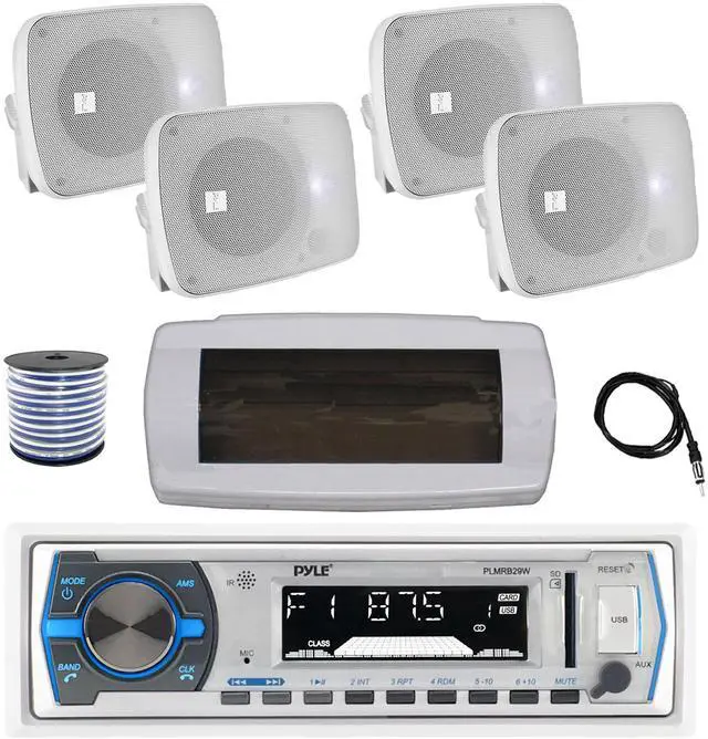 Main image of Pyle PLMRB29W Single DIN Bluetooth Marine MP3 AM/FM Stereo Receiver with White Cover, 22" Radio Antenna, Wire, 4x 5.25" 600 Watt Max Power Bluetooth Indoor/Outdoor Waterproof Audio Speakers (White)