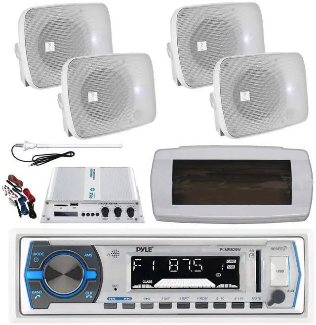 Main image of Pyle PLMRB29W Single DIN Bluetooth Marine MP3 AM/FM Stereo Receiver, White Cover, Long Range Antenna, Amplifier w/Kit, 4x 5.25" 600 Watt Max Bluetooth Indoor/Outdoor Waterproof Audio Speakers (White)