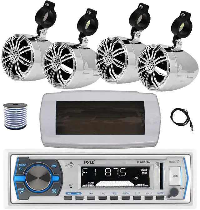 Main image of Pyle PLMRB29W Single DIN Bluetooth Marine MP3 AM/FM Stereo Receiver with White Cover, 22" Radio Antenna, Wire, 4x 2.25" 10W Max Full Range Waterproof Off-Road Audio Speakers (Chrome)
