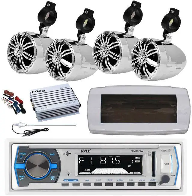 Main image of Pyle PLMRB29W Single DIN Bluetooth Marine MP3 AM/FM Stereo Receiver with White Cover, Long Range Antenna, Amplifier w/Kit, 4x 2.25" 10W Max Full Range Waterproof Off-Road Audio Speakers (Chrome)