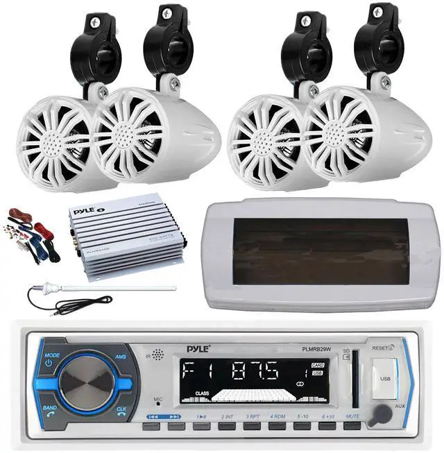 Main image of Pyle PLMRB29W Single DIN Bluetooth Marine MP3 AM/FM Stereo Receiver with White Cover, Long Range Antenna, Amplifier w/Kit, 4x 2.25" 10W Max Full Range Waterproof Off-Road Audio Speakers (White)