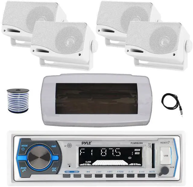Main image of Pyle PLMRB29W Single DIN Bluetooth Marine MP3 AM/FM Stereo Receiver with White Cover, 22" Radio Antenna, Wire, 4x 3.5'' 200 Watt Max 3-Way Indoor/Outdoor Wall Mount Speaker (White)