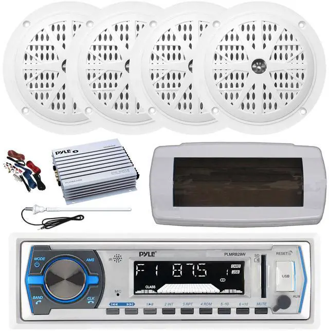 Main image of Pyle PLMRB29W Single DIN Bluetooth Marine MP3 AM/FM Stereo Receiver with White Cover, Long Range Antenna, Amplifier w/Kit, 4x 4'' 100 Watt Peak Full Range Dual Cone Waterproof Stereo Speakers (White)