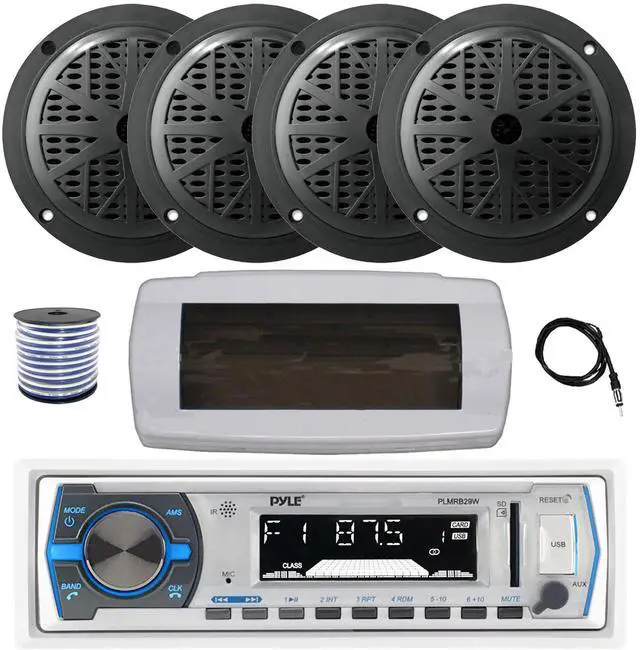 Main image of Pyle PLMRB29W Single DIN Bluetooth Marine MP3 AM/FM Stereo Receiver with White Cover, 22" Radio Antenna, Wire, 4x 5.25'' 100 Watt Peak Full Range Dual Cone Waterproof Stereo Speakers (Black)