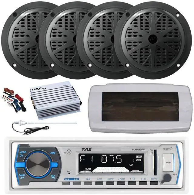 Main image of Pyle PLMRB29W Single DIN Bluetooth Marine MP3 AM/FM Stereo Receiver, White Cover, Long Range Antenna, Amplifier w/Kit, 4x 5.25'' 100 Watt Peak Full Range Dual Cone Waterproof Stereo Speakers (Black)