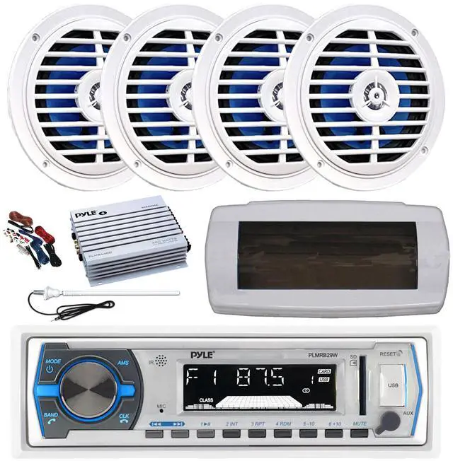 Main image of Pyle PLMRB29W Single DIN Bluetooth Marine MP3 AM/FM Stereo Receiver, White Cover, Long Range Antenna, Amplifier w/Kit, 4x 5.25'' 100 Watt Peak Full Range Dual Cone Waterproof Stereo Speakers (White)