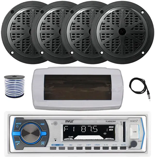 Main image of Pyle PLMRB29W Single DIN Bluetooth Marine MP3 AM/FM Stereo Receiver with White Cover, 22" Radio Antenna, Wire, 4x 6.5" 120 Watt Max Full Range Dual Cone Waterproof Stereo Speakers (Black)