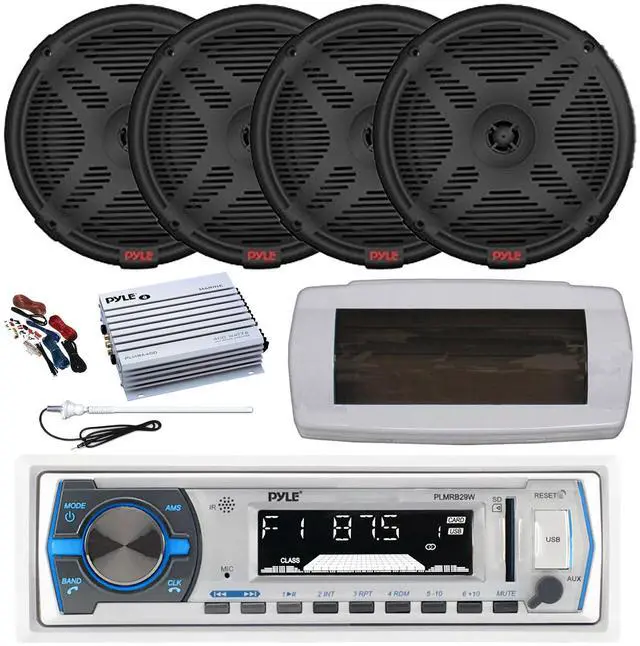 Main image of Pyle PLMRB29W Single DIN Bluetooth Marine MP3 AM/FM Stereo Receiver, White Cover, Long Range Antenna, Amplifier w/Kit, 4x 6.5" 600 Watt 2-Way Full Range Dual Cone Waterproof Stereo Speakers (Black)