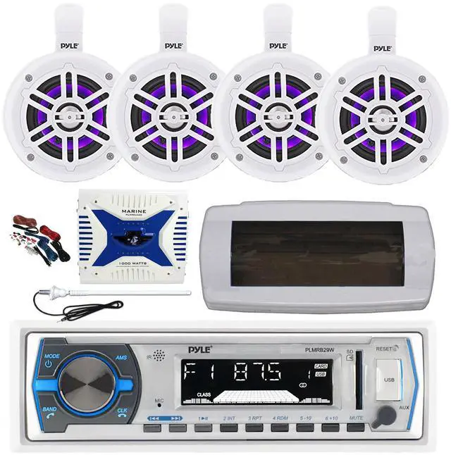 Main image of Pyle PLMRB29W Single DIN Bluetooth Marine MP3 AM/FM Stereo Receiver with White Cover, Long Range Antenna, Amplifier w/Kit, 4x 4" 300W Max Bluetooth Waterproof Wakeboard LED Tower Speakers (White)