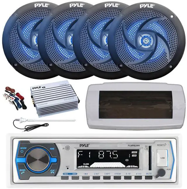 Main image of Pyle PLMRB29W Single DIN Bluetooth Marine MP3 AM/FM Stereo Receiver, White Cover, Long Range Antenna, Amplifier w/Kit, 4x 4" 100 Watt Peak 2-Way  Blue Flashing LED Boat Speakers (Black)