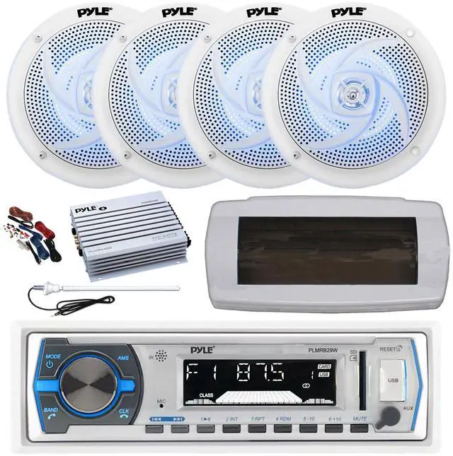 Main image of Pyle PLMRB29W Single DIN Bluetooth Marine MP3 AM/FM Stereo Receiver, White Cover, Long Range Antenna, Amplifier w/Kit, 4x 4" 100 Watt 2-Way  Blue Flashing LED Boat Audio Speakers (White)