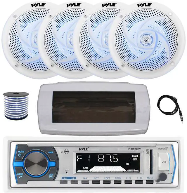 Main image of Pyle PLMRB29W Single DIN Bluetooth Marine MP3 AM/FM Stereo Receiver with White Cover, 22" Radio Antenna, Wire, 4x 6'' 240 Watt Max Power  2-Way Blue Flashing LED Audio Speakers (White)