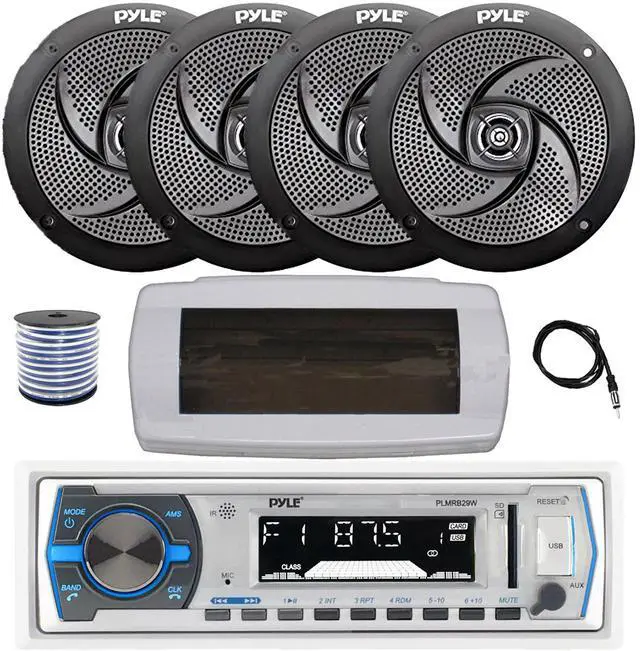 Main image of Pyle PLMRB29W Single DIN Bluetooth Marine MP3 AM/FM Stereo Receiver with White Cover, 22" Radio Antenna, Wire, 4x 6'' 240 Watt Max  2-Way Boat Audio Speakers (Black)