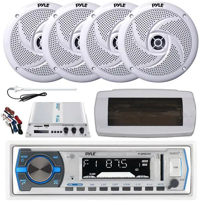 Main image of Pyle PLMRB29W Single DIN Bluetooth Marine MP3 AM/FM Stereo Receiver with White Cover, Long Range Antenna, Amplifier w/Kit, 4x 6'' 240 Watt Max  2-Way Boat Audio Speakers (White)