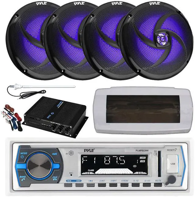 Main image of Pyle PLMRB29W Single DIN Bluetooth Marine MP3 AM/FM Stereo Receiver, White Cover, Long Range Antenna, Amplifier w/Kit, 4x 8'' 320 Watt Max  2-Way Blue Flashing LED Boat Speakers (Black)