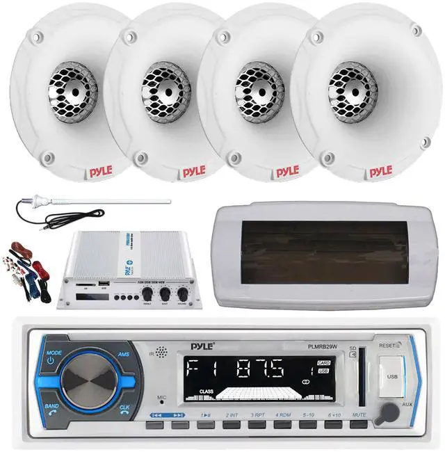 Main image of Pyle PLMRB29W Single DIN Bluetooth Marine MP3 AM/FM Stereo Receiver with White Cover, Long Range Antenna, Amplifier w/Kit, 4x 1" 120 Watt Max Waterproof Audio Tweeters w/Crossover Network (White)