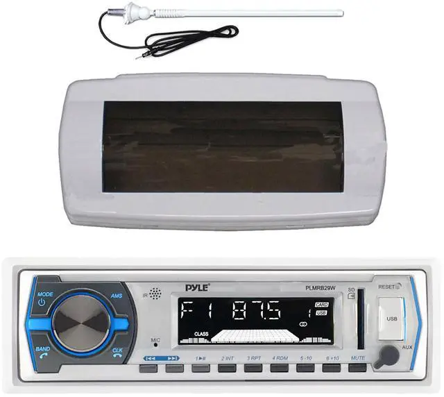 Main image of Pyle PLMRB29W Single DIN Bluetooth Marine MP3 AM/FM Stereo Receiver with White Splash Proof Radio Cover, White Long Range Antenna