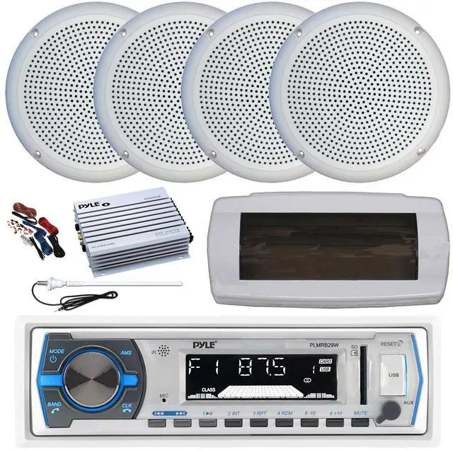 Main image of Pyle PLMRB29W Single DIN Bluetooth Marine MP3 AM/FM Stereo Receiver with White Cover, Long Range Antenna, Amplifier w/Kit, 4x 5.25" 20 Watt Max Polycone Audio Speakers (White, Bulk Packaging)