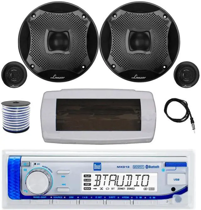 Main image of Dual MXD13 Single DIN Bluetooth Marine MP3 AM/FM Stereo Receiver with White Cover, 22" Radio Antenna, Wire, 2x 6.5" 450 Watt Peak 2-Way Water Resistant Boat Audio Speakers (Black)