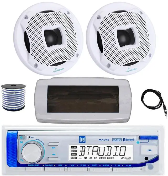 Main image of Dual MXD13 Single DIN Bluetooth Marine MP3 AM/FM Stereo Receiver with White Cover, 22" Radio Antenna, Wire, 2x 6.5" 450 Watt Peak 2-Way Water Resistant Boat Audio Speakers (White)