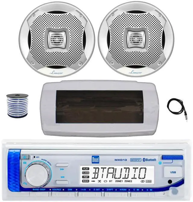 Main image of Dual MXD13 Single DIN Bluetooth Marine MP3 AM/FM Stereo Receiver with White Cover, 22" Radio Antenna, Wire, 2x 6.5" 400W Max 2-Way Water Resistant Audio Speakers (Silver)