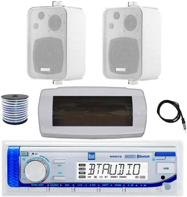 Main image of Dual MXD13 Single DIN Bluetooth Marine MP3 AM/FM Stereo Receiver with White Cover, 22" Radio Antenna, Wire, 2x 4" 30 Watt Peak Water-Resistant 3-Way InDoor/OutDoor Audio Speakers (White)