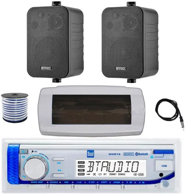 Main image of Dual MXD13 Single DIN Bluetooth Marine MP3 AM/FM Stereo Receiver with White Cover, 22" Radio Antenna, Wire, 2x 4" 30 Watt Peak Water-Resistant 3-Way InDoor/OutDoor Audio Speakers (Black)