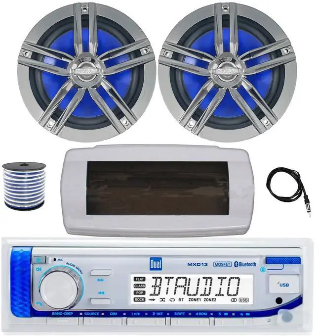 Main image of Dual MXD13 Single DIN Bluetooth Marine MP3 AM/FM Stereo Receiver with White Cover, 22" Radio Antenna, Wire, 2x 6.5" 180 Watt Max Power 2-Way Water Resistant Audio Speakers (Charcoal)