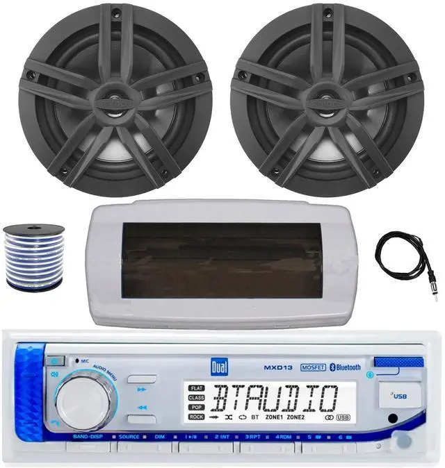 Main image of Dual MXD13 Single DIN Bluetooth Marine MP3 AM/FM Stereo Receiver with White Cover, 22" Radio Antenna, Wire, 2x 6.5" 180 Watt Max Power 2-Way Water Resistant Audio Speakers (Black)